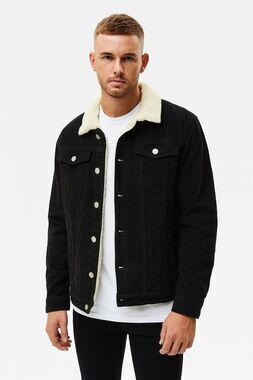 Boohoo Jacket Men’s Black Corduroy Sherpa Button Unisex Borg Collar Button Up XL